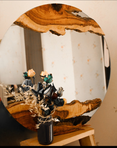 آینه روستیک دیواری قطر۷۰ سانت متریال چوب خوش نقش زیتون جنگلی