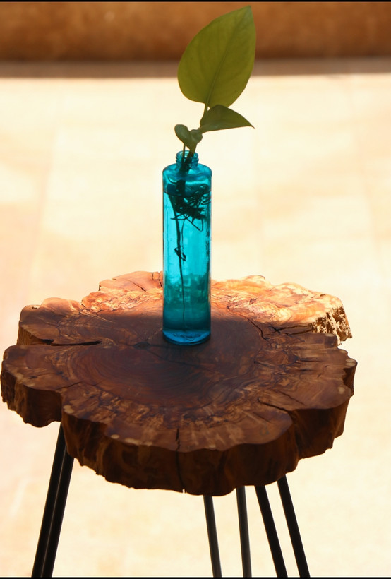 جلومبلی عسلی روستیک متریال چوب خوش نقش زیتون جنگلی پایه فلزی